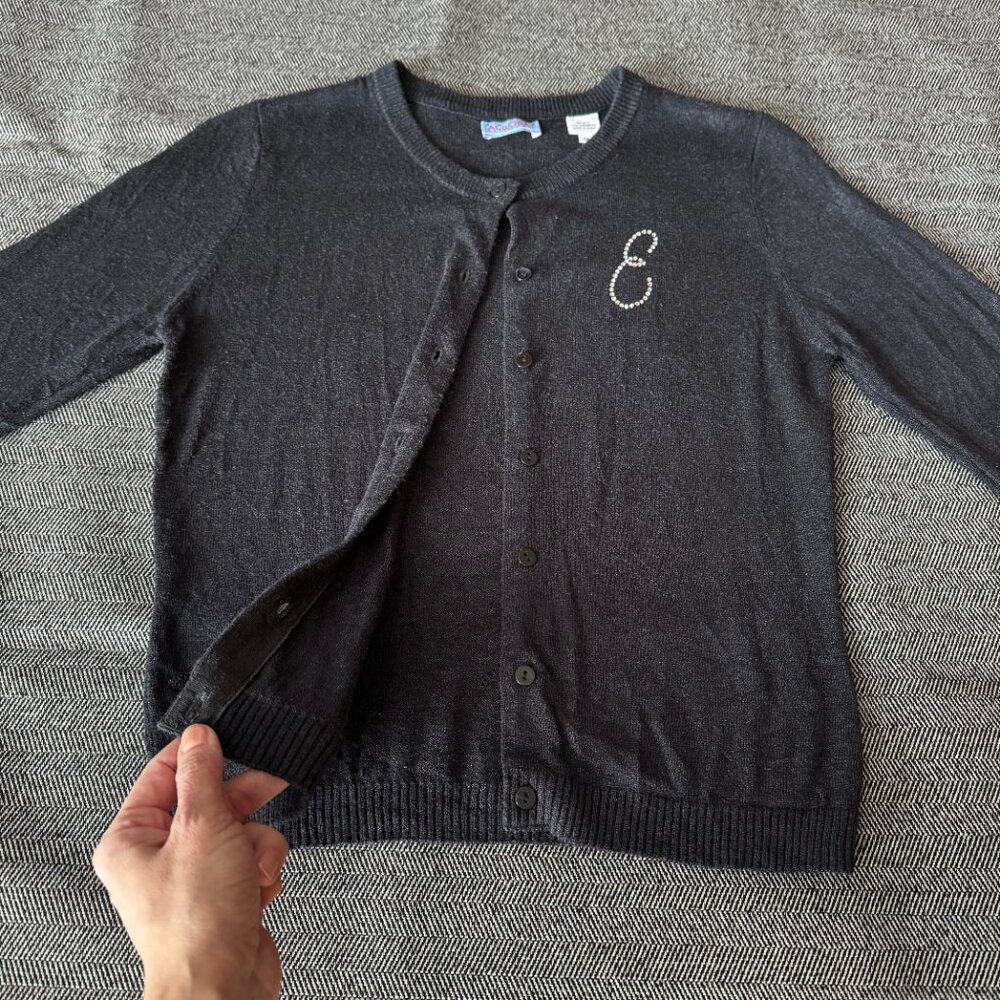 Black Silk Cashmere Cardigan E Rhinestone Monogram SP/XS - Picture 12 of 16